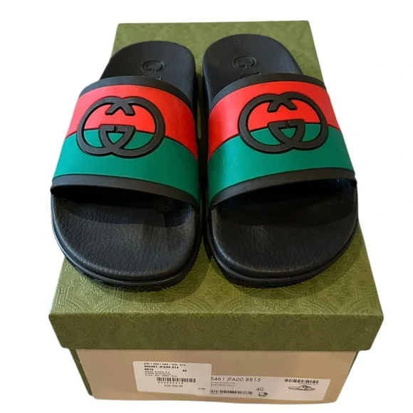 Gucci Signature Classic Stripe Rubber GG Logo Interlock Slides Sandals NWT 40